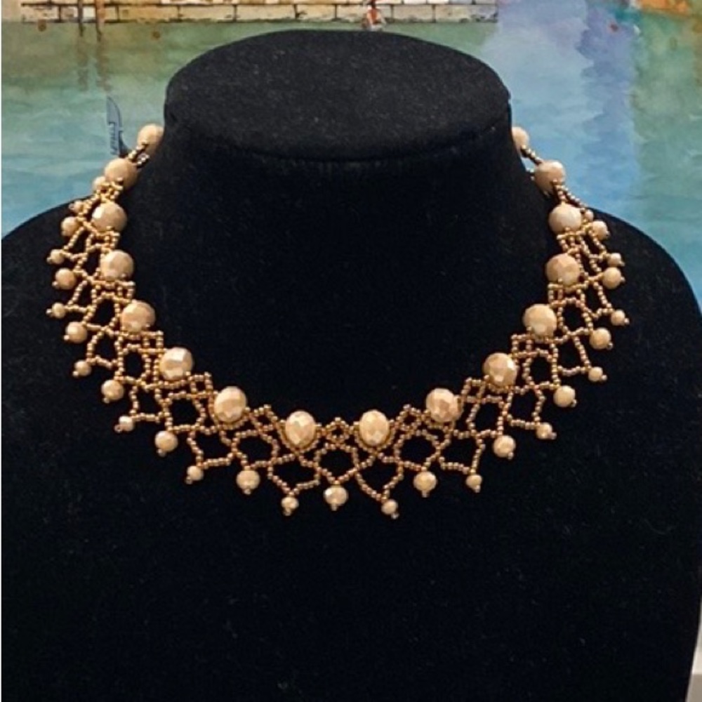 Handmade lace beadwork fringe necklace/choker - faceted taupe & copper glass